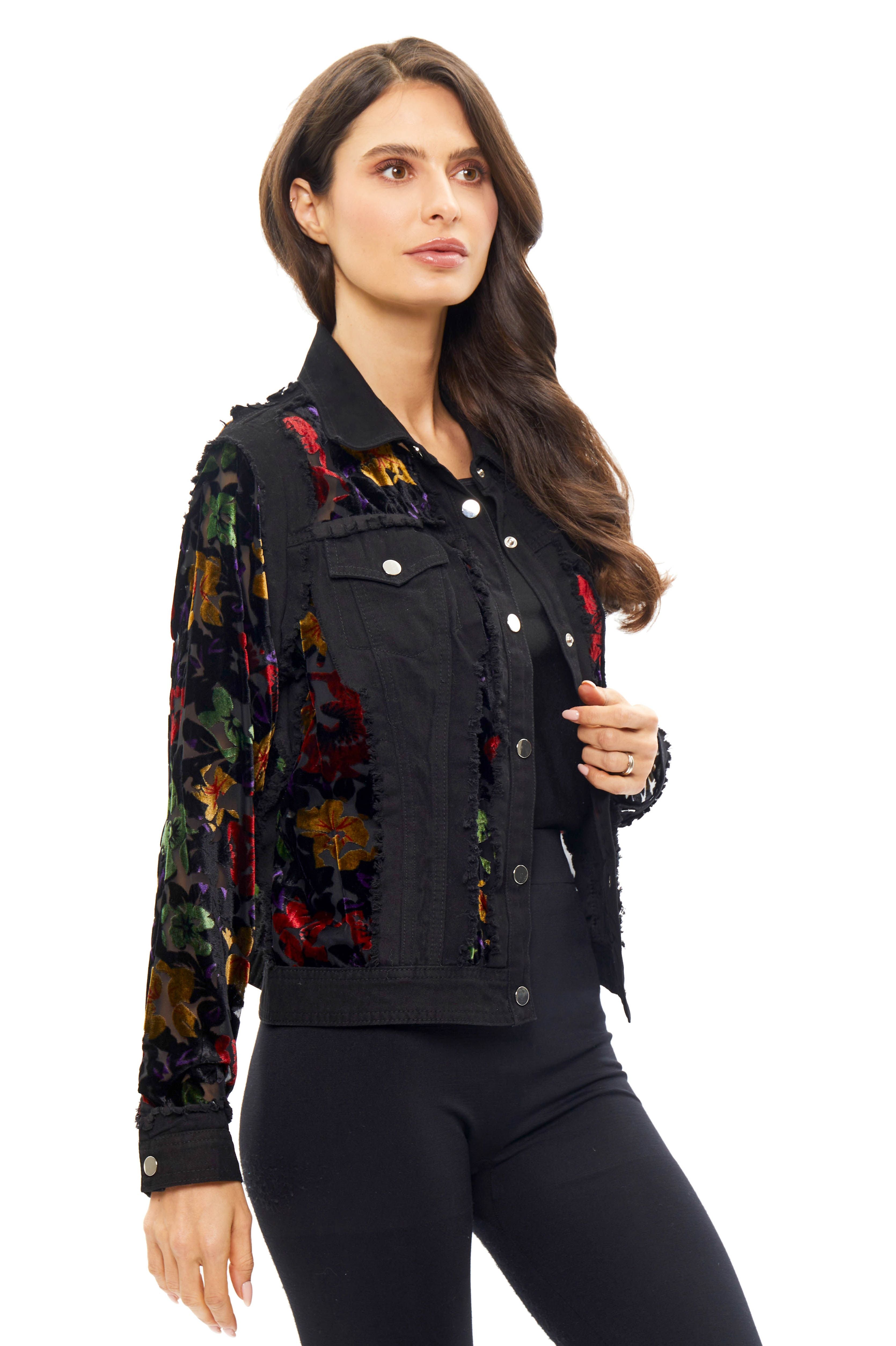 Front image of Adore denim jacket with velvet multi printed burnout detail. 