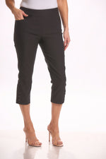 Front image of Tribal pull on black capri bottoms with side snap. Black basic everyday bottoms. 