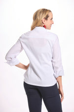 Back image of white classic button front blouse. Elo white collared top. 