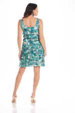 Back image of Fashque cha cha dress in teal/gold. Sleeveless printed dress. 