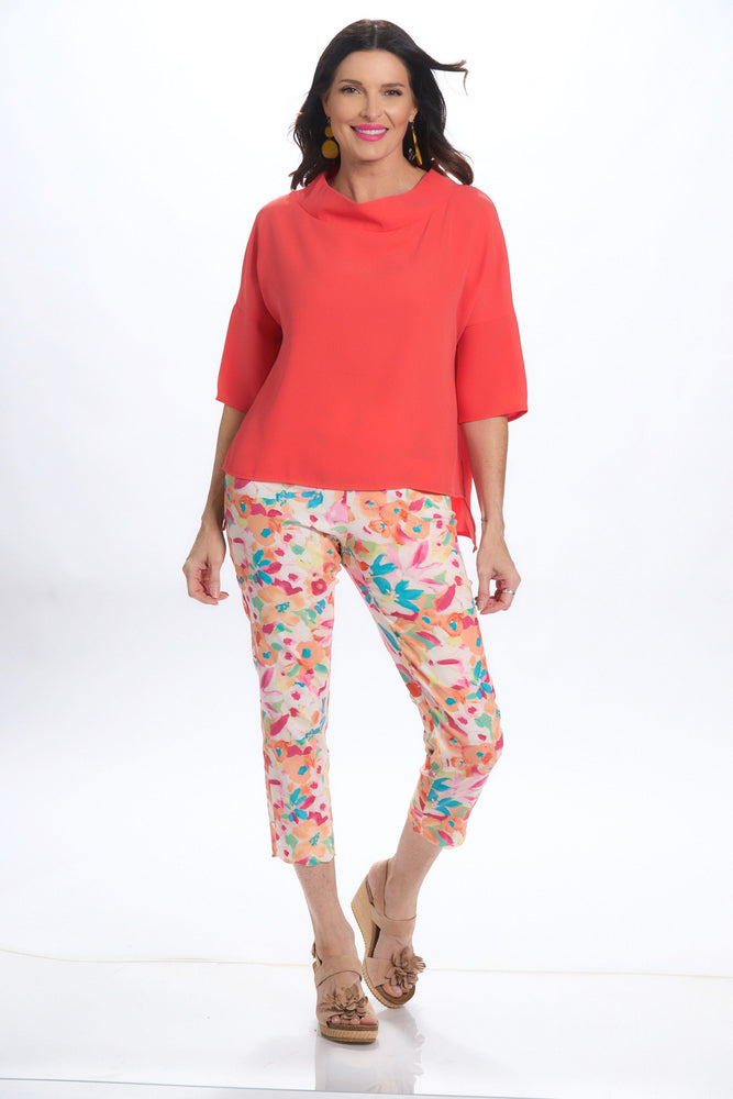 Front image of Suzy D London coral cowl neck top. 