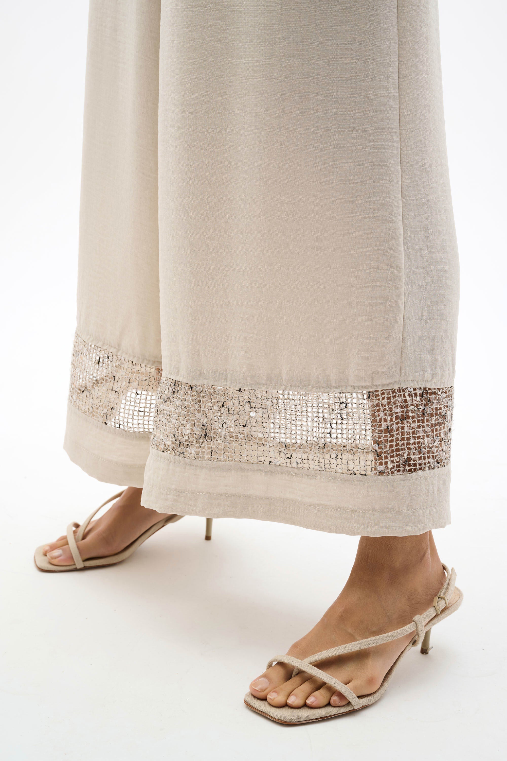 Gauze Pull-On Cullote Pants with Sequined Mesh Inserts