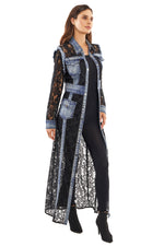 Front image of Adore long sleeve lace duster jacket. Black and Denim jacket.