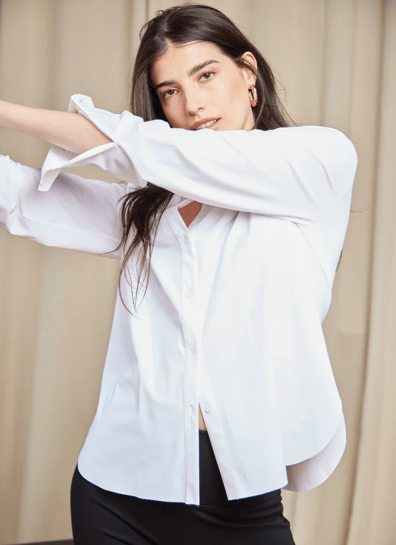 Front image of Lysse white button down connie top. 