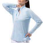 Front image of SanSoleil solshine long sleeve printed top. 