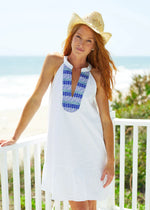 Front image of white embroidered eyelet halter dress. White summer dress by Cabana Life. 