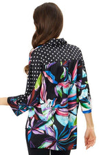 Back image of Adore mixed media button front top. Multi printed blouse. 