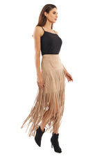 Front image of Adore camel fringe skirt. 
