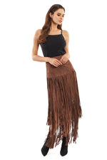 Front image of Adore chocolate brown pull on suede skirt. 