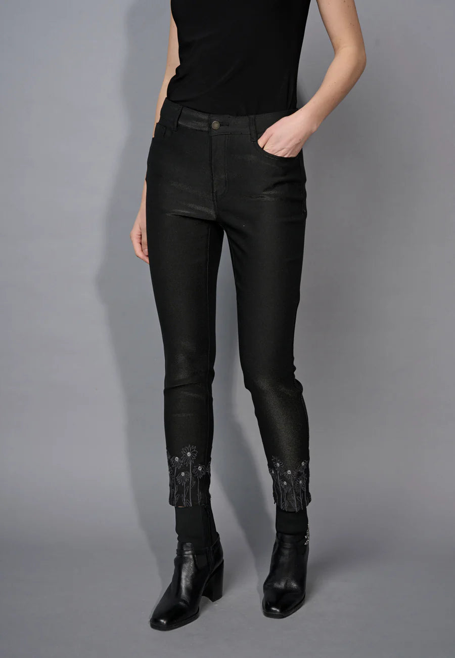 Front image of Picadilly black shiny pants.