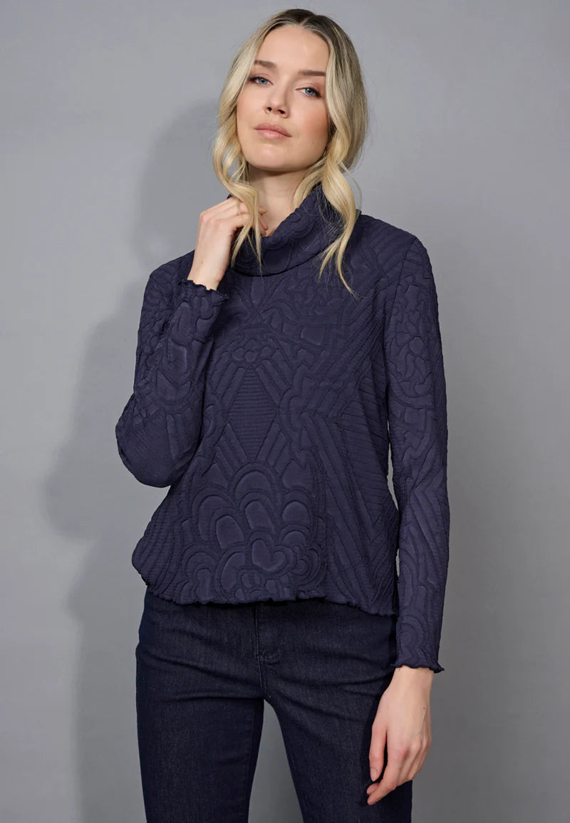 Front image of Picadilly long sleeve cowl neck textured top in deep navy.