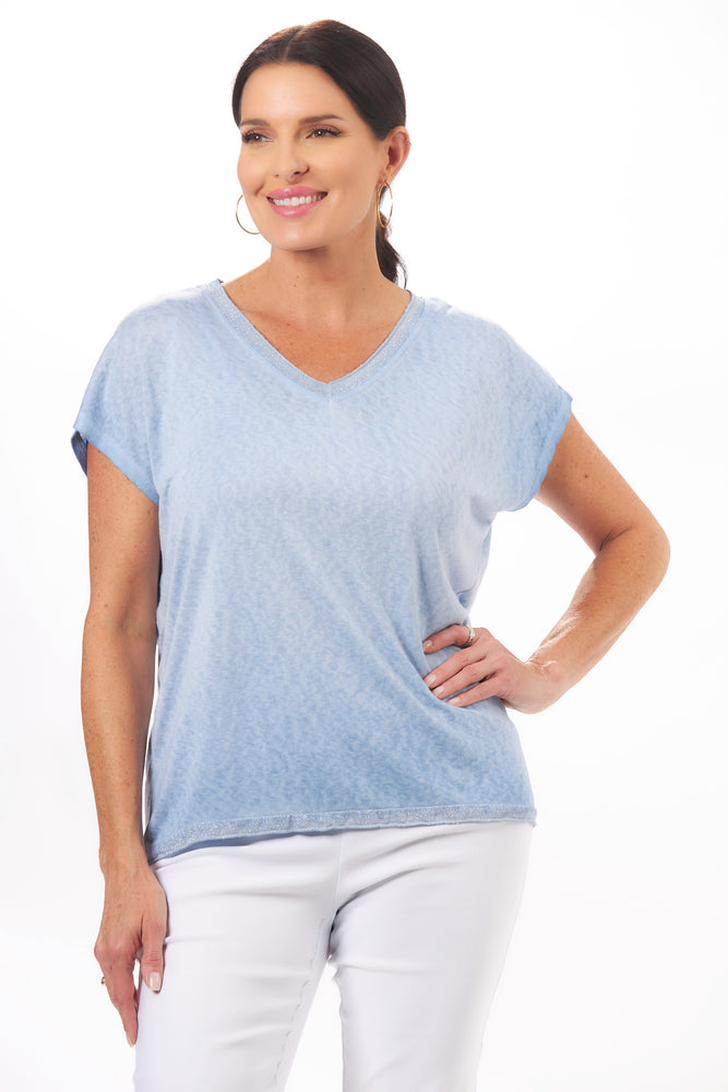 Front image of blue v-neck short sleeve t-shirt
