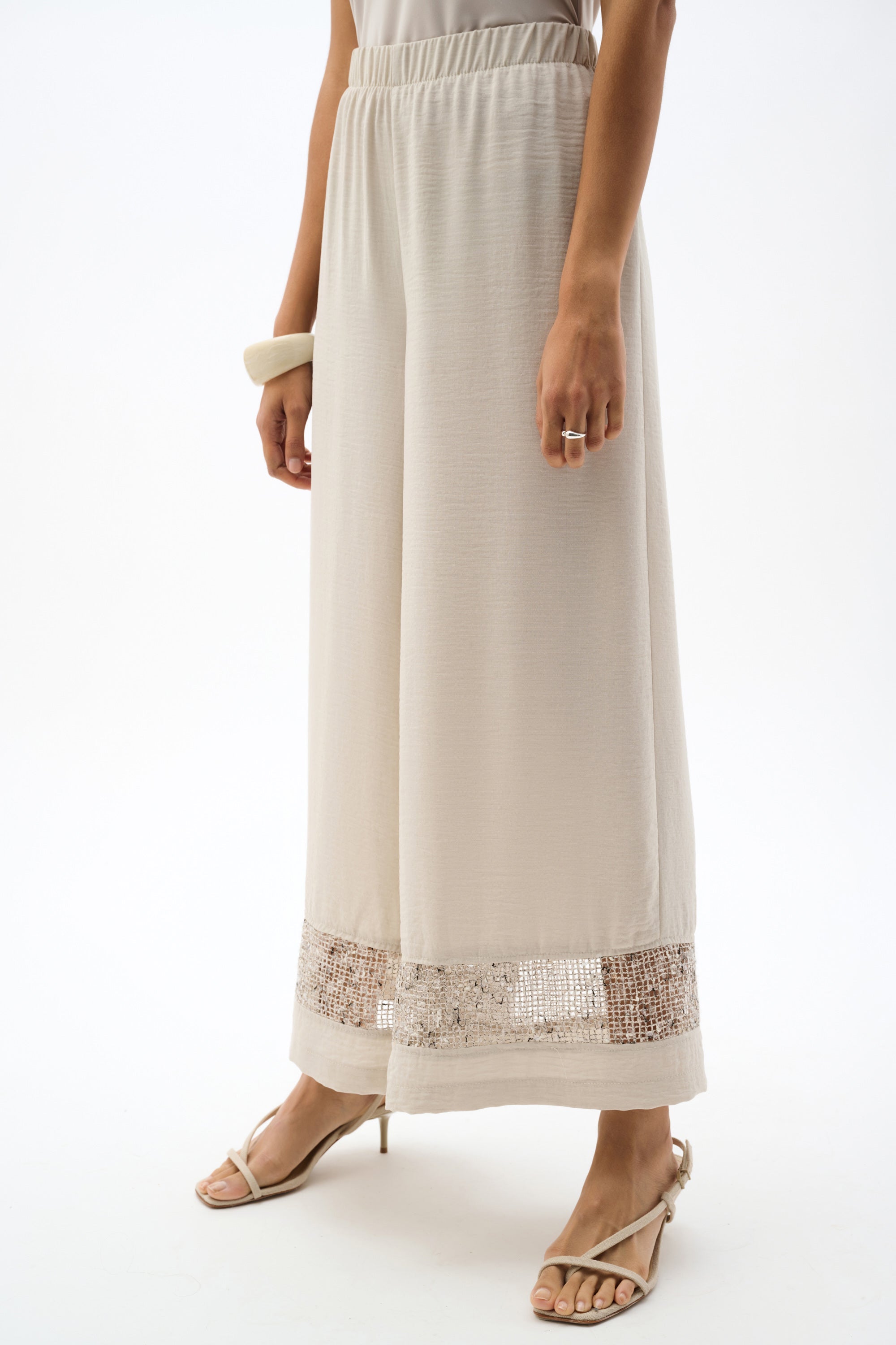 Gauze Pull-On Cullote Pants with Sequined Mesh Inserts