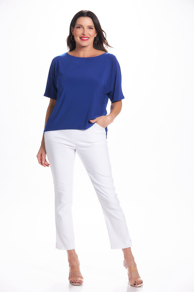 Front image of dolman sleeve royal blue top. Short sleeve top. 