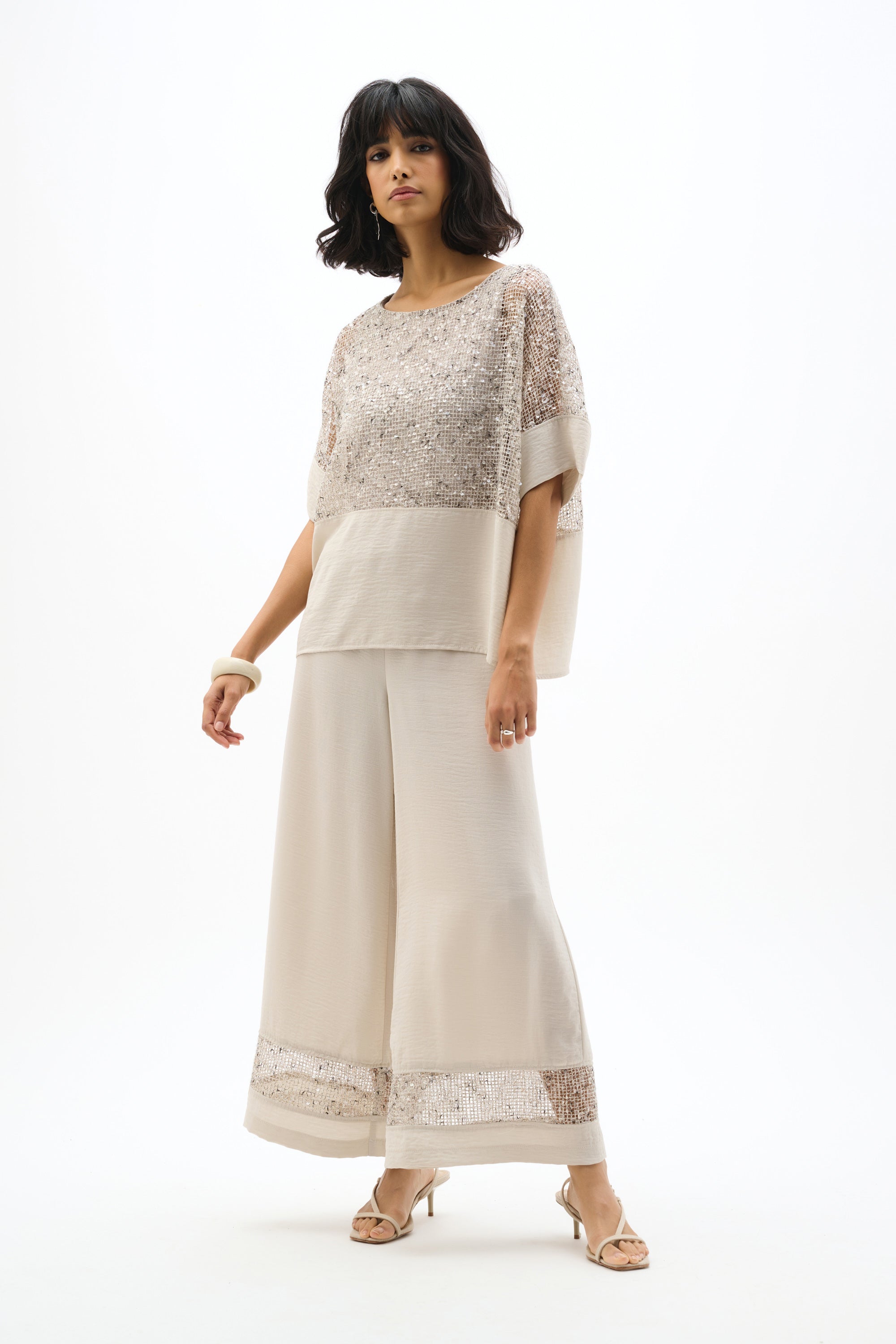 Gauze Pull-On Cullote Pants with Sequined Mesh Inserts
