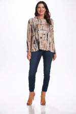 Front image of impulse long sleeve tunic with pockets in spackle lines print. Long sleeve top. 
