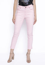 Front image of Picadilly frayed hem denim jeans. Soft pink bottoms.