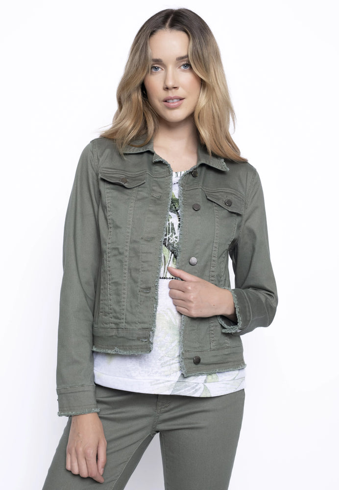 Front image of Picadilly frayed edge denim jacket. Artichoke green long sleeve button front jacket. 