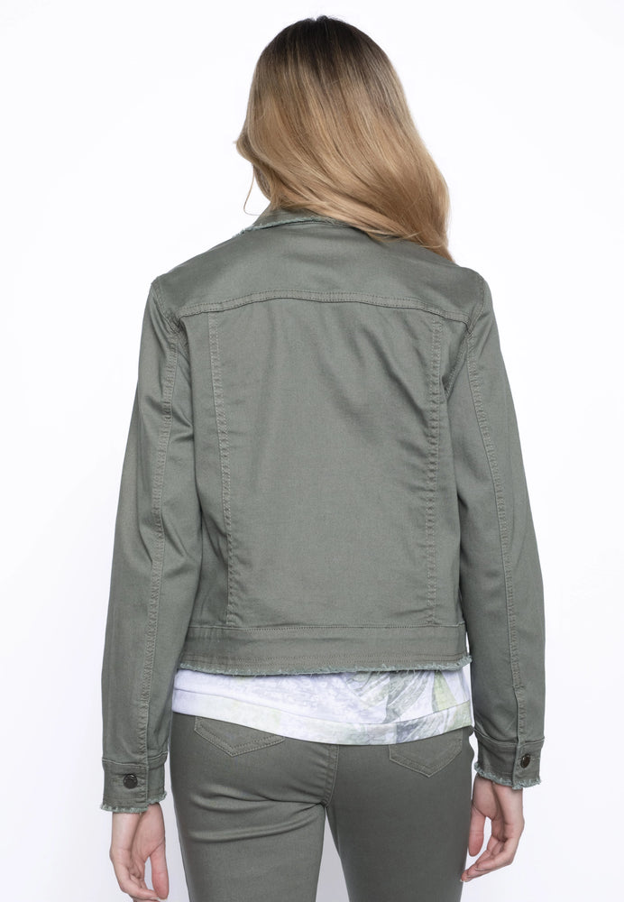 Back image of Picadilly frayed edge denim jacket. Artichoke green long sleeve button front jacket. 
