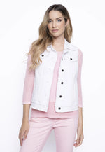 Front image of Picadilly frayed edge denim vest in white. Sleeveless button front white vest. 