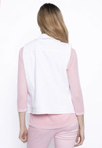 Back image of Picadilly frayed edge denim vest in white. Sleeveless button front white vest. 