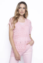Front image of Picadilly short sleeve open knit top. Soft pink knit top. 