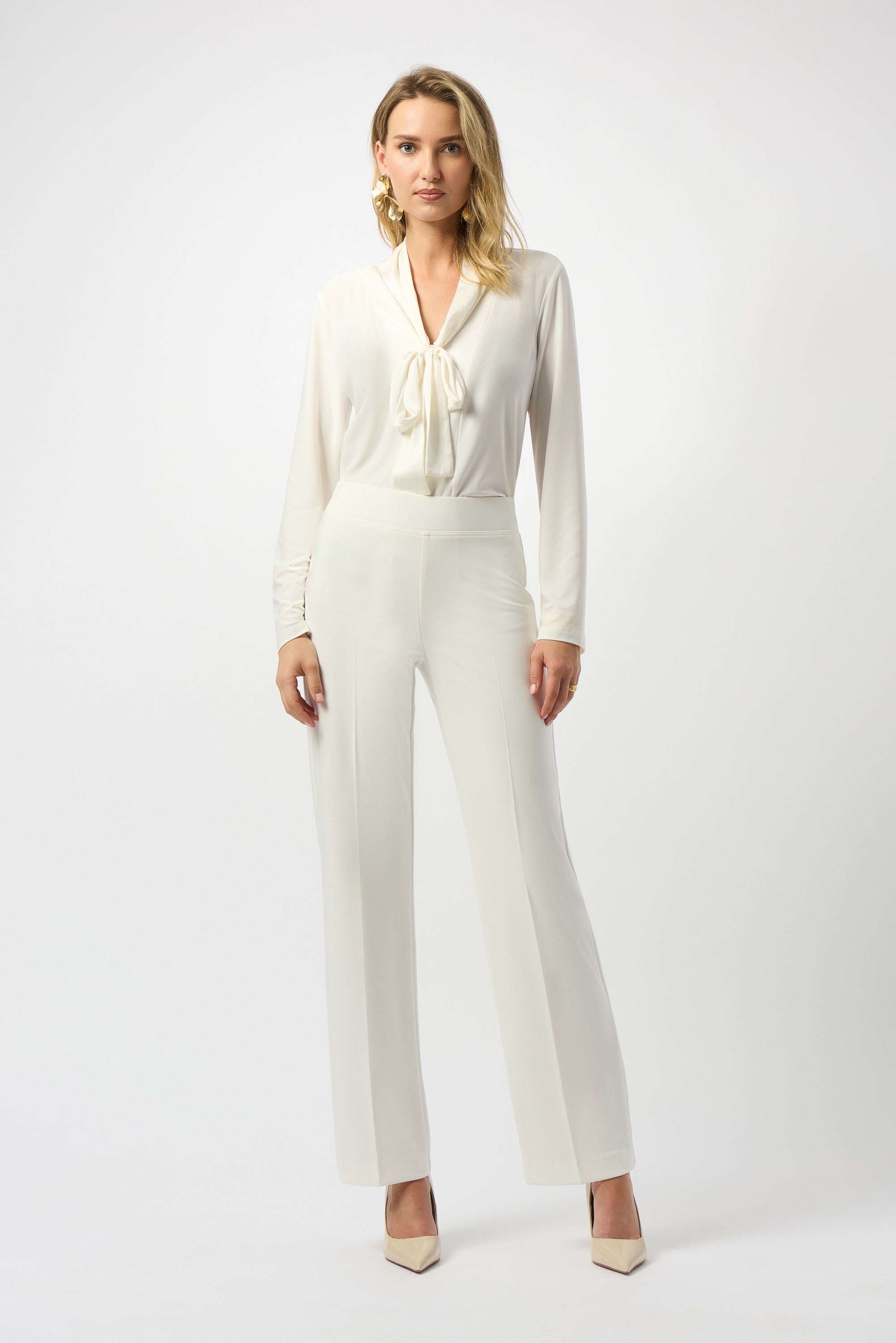 Front image of wide leg winter white pant.