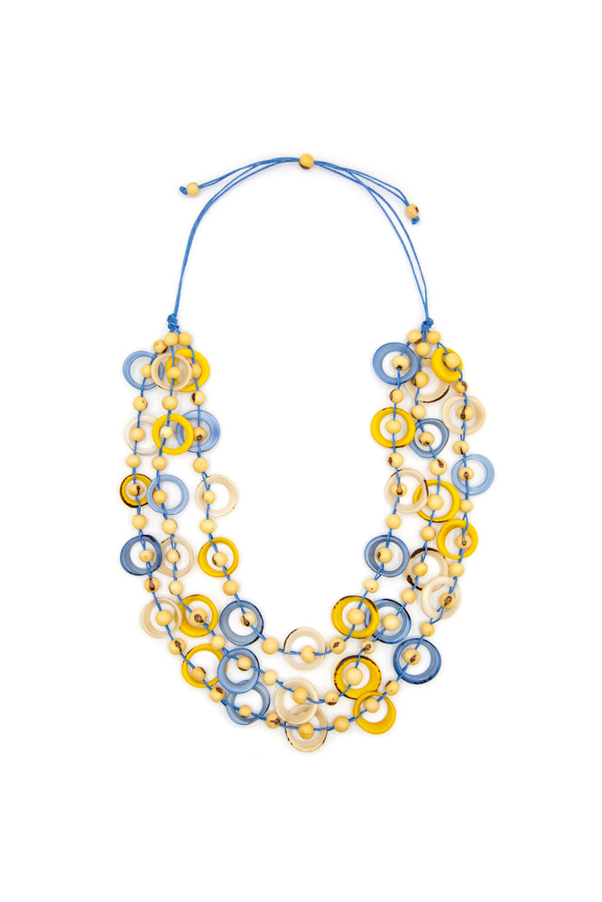Front image of Tagua Francesca necklace. Yellow blue and ivory handmade necklace. 