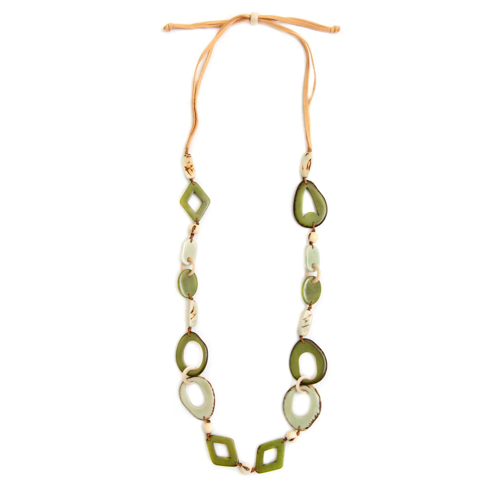 Front image of Tagua's Rita Necklace. Olive green and ivory handmade necklace. 