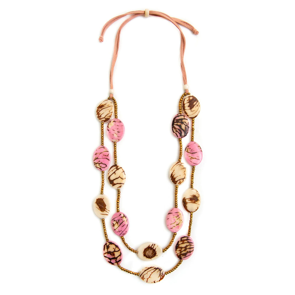 Front image of Tagua Cuba Necklace. Pink and ivory handmade necklace. 