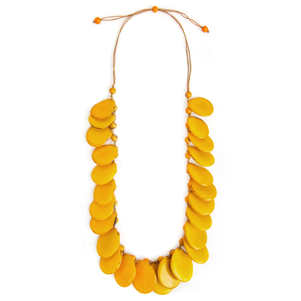 Front image of Tagua Veronica Necklace. Mustard yellow long necklace. 
