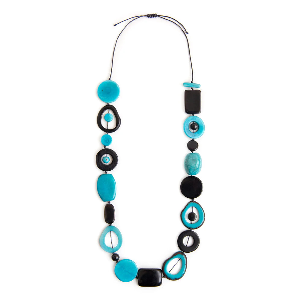 Front image of Tagua Elliana Necklace. Blue and turq colored long necklace. 