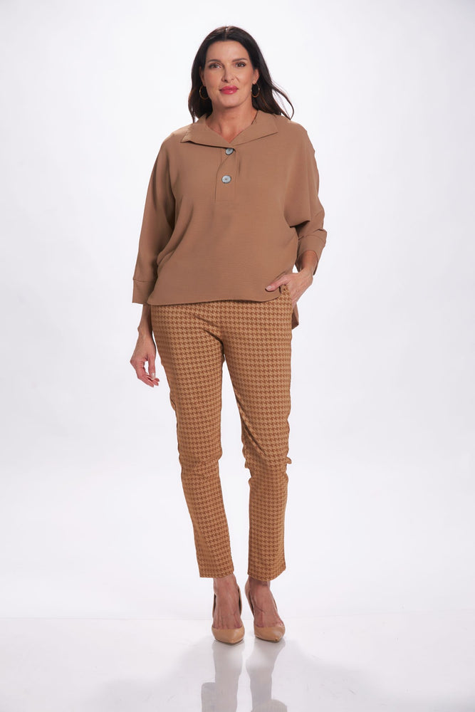 Front image of Last Tango air flow top. Mocha two button top. 