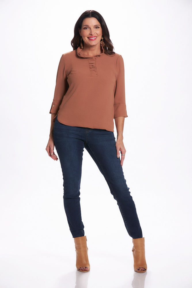 Front image of Ruffle 3/4 Sleeve Air Flow top in latte. 
