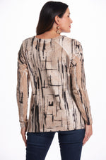 Back image of impulse long sleeve tunic with pockets in spackle lines print. Long sleeve top. 