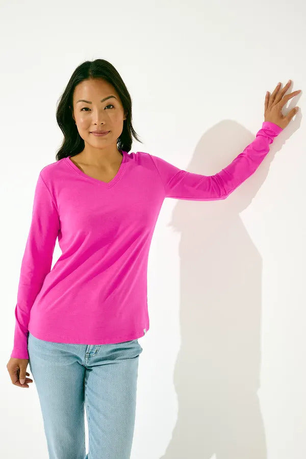 Front image of Coolibar morada everyday long sleeve deep v-neck shirt. Long sleeve pink shirt. 