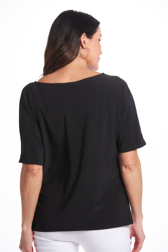 Back image of Black mimozza short sleeve dolman sleeve top. 