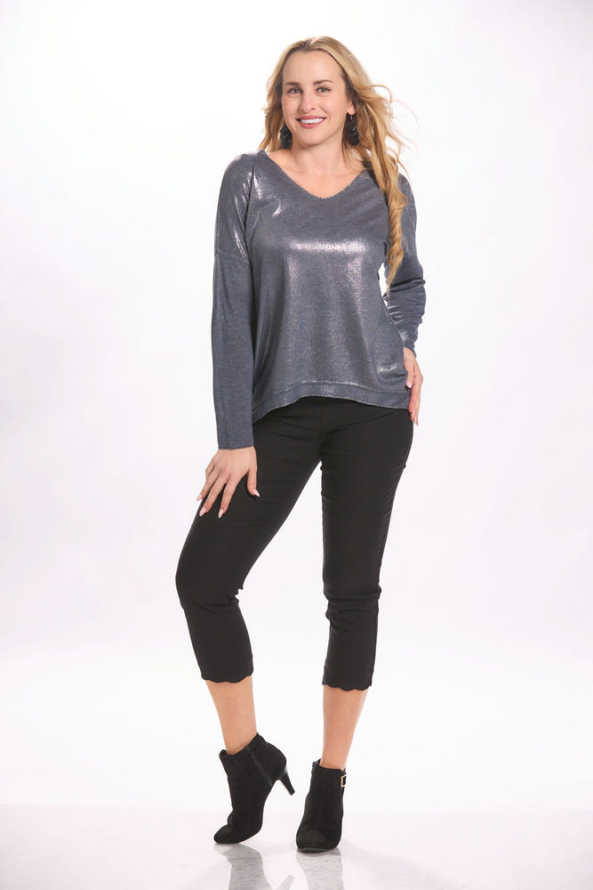 Front image of made in italy long sleeve v-neck shimmer top. Navy long sleeve shimmer top. 