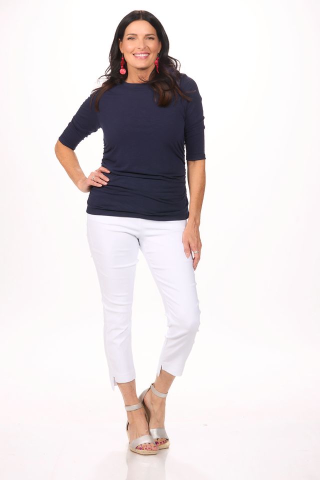 Front image of Nally & Millie navy rouched side top.