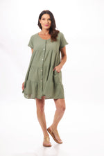 Front image of Olive Green button front ruffle dress. Short sleeve summer dress. 