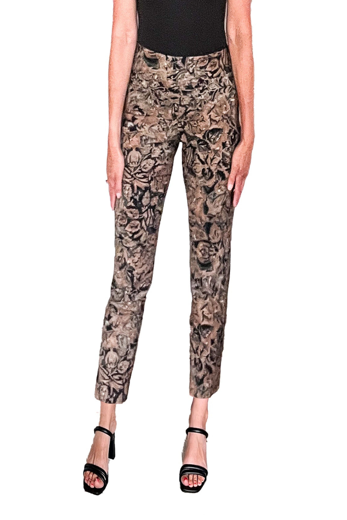 Front image of Krazy Larry brown leaves printed pants.