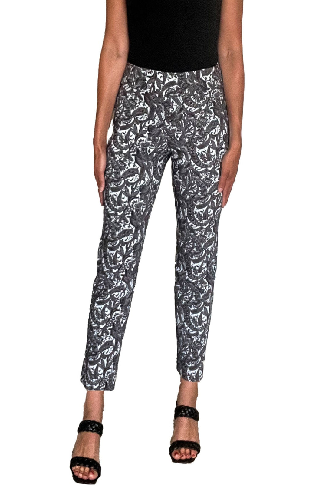 Front image of Krazy larry pull on silver paisley pants. 