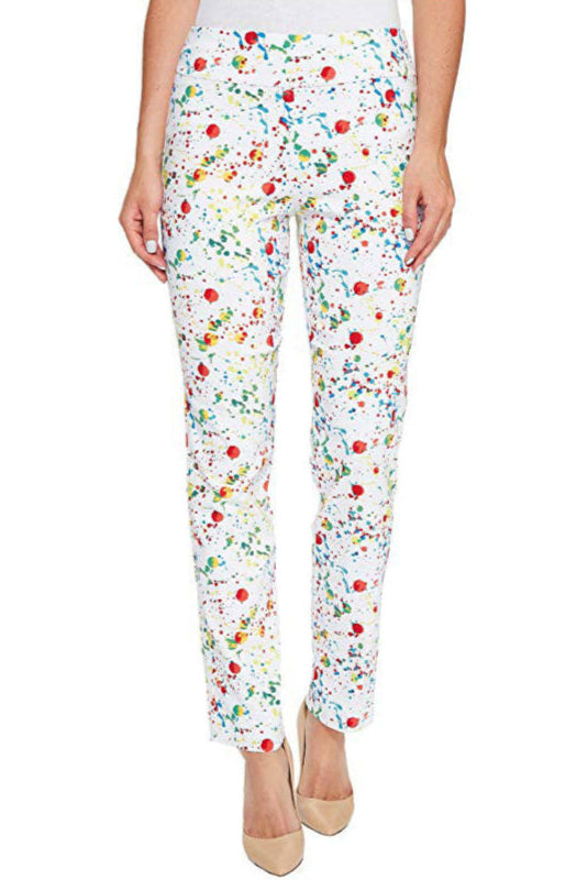 Front image of white splatter pull on krazy larry pants.