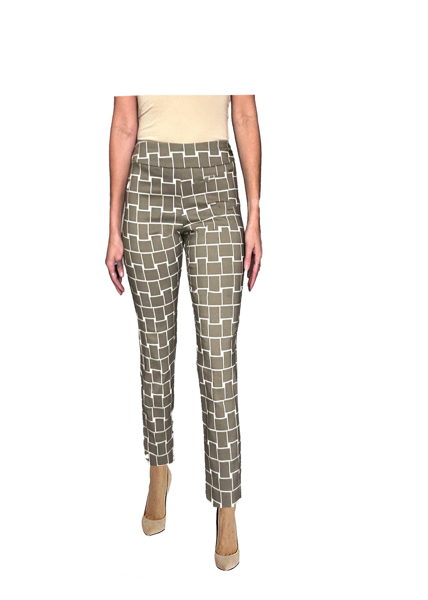 Front image of Krazy Larry ankle pants in taupe cubes.