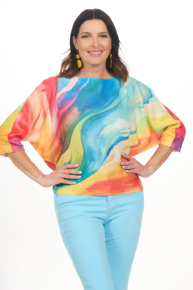 Front view multi-color batwing lightweight 3/4 sleeve sweater