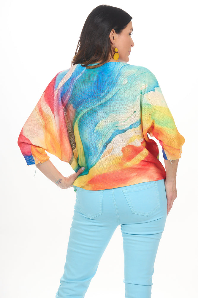 Back view multi-color batwing lightweight 3/4 sleeve sweater