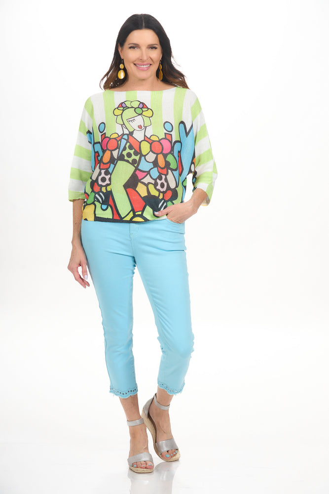 Full front view multi-color batwing lightweight 3/4 sleeve sweater