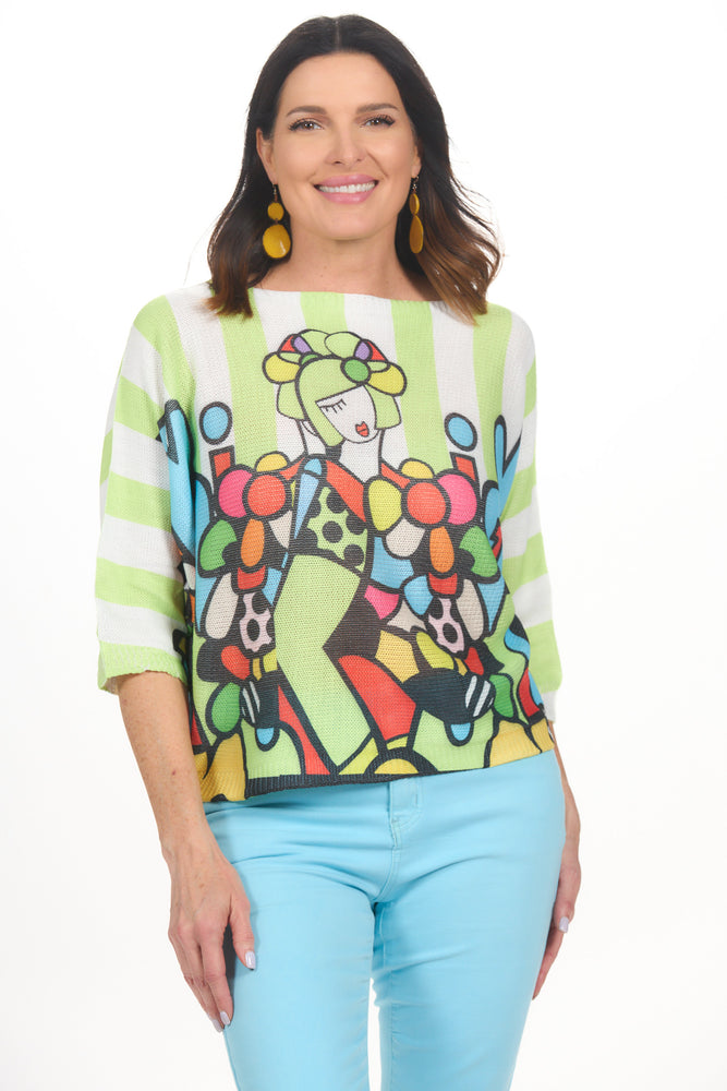 Front view multi-color batwing lightweight 3/4 sleeve sweater