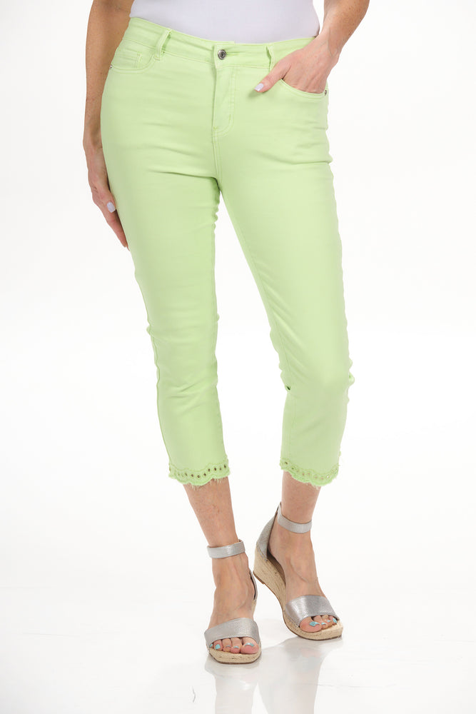 Front View Lime Color Capri Jeans with Fray