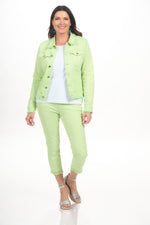 Full front view lime color jean jacket with fray edges